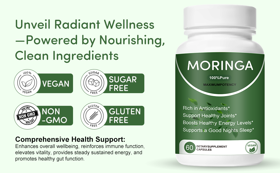 Moringa 100% Pure Capsules – Natural Energy, Immunity & Wellness Support | 60 Vegan Capsules